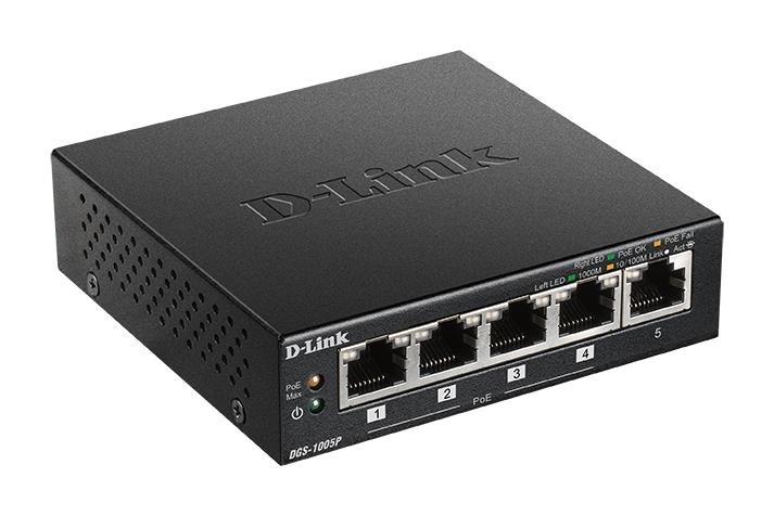 DGS-1005P/A1A D-Link коммутатор с 5 портами 10/100/1000Base-T, функцией энергосбережения и поддержкой QoS (4 порта с поддержкой PoE 802.3af/802.3at (30 Вт), PoE-бюджет 60 Вт)